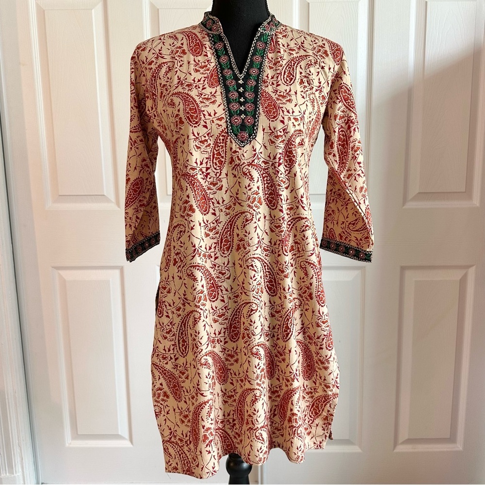 Mann Block Print Paisley Tan and Red Tunic Top